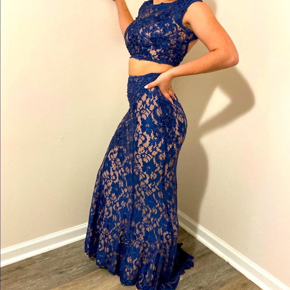 Jovani two piece gown, blue with nude lini…